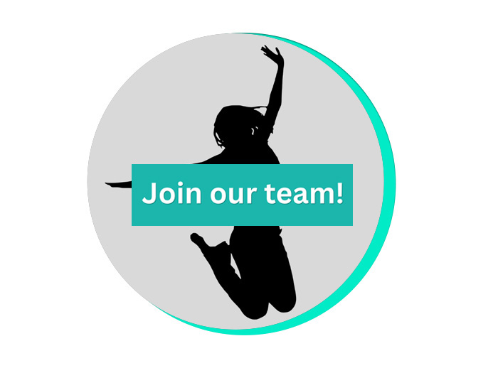Join our volunteer team Silhouette of dancer jumping. Text reads: "Join our team!"